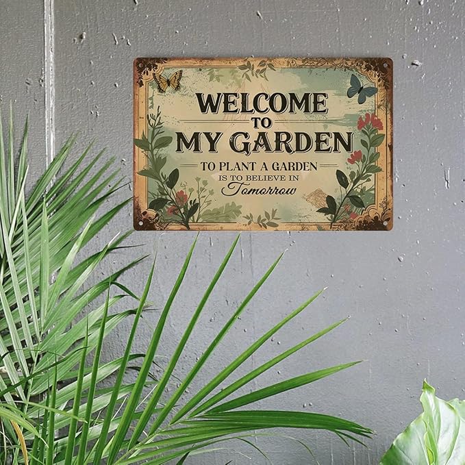 Garden Signs Vintage Metal Sign - Welcome to My Garden - Retro Gardening Signs for Outside Home Gardening Greenhouse Yard Outdoor Decor 8x12 Inch