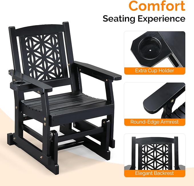 VINGLI Fir Wood Outdoor Glider with Floral Backrest, Wooden Patio Gliding Bench with Cup Holders, Smooth Rocking Chair for Garden, Yard & Porch (Black, 2.3 FT)