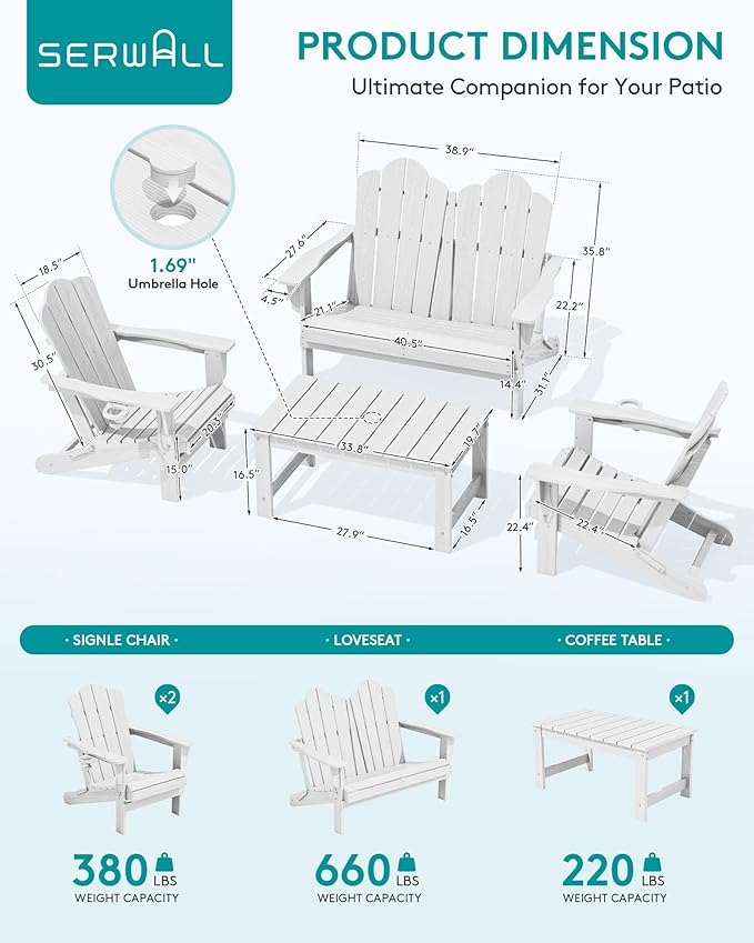 SERWALL HDPE Patio Furniture Set, 2 Adirondack Chair with Cup Holder & 1 Adirondack Bench & 1 Coffee Table with Umbrella Hole, All-Weather Outdoor Adirondack Chair Set for 4, White
