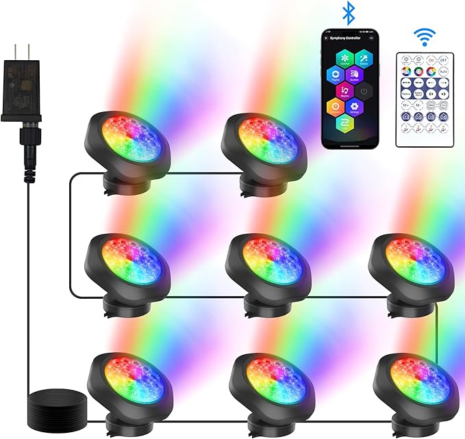 RGB Underwater Pond Lights,Super Bright 18 LED Submersible Fountain Lights,Bluetooth APP Control IP68 Waterproof Color Changing Spotlights for Fish Aquarium Tank Garden Yard Pool(Set of 8)