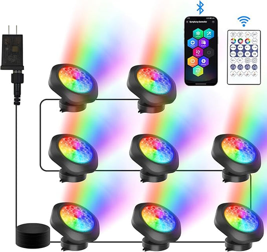 RGB Underwater Pond Lights,Super Bright 18 LED Submersible Fountain Lights,Bluetooth APP Control IP68 Waterproof Color Changing Spotlights for Fish Aquarium Tank Garden Yard Pool(Set of 8)