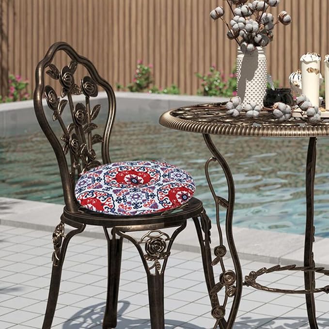 Bistro Chair Cushions 15 inch,Set of 2,Tufted Round Chair Cushions with Ties,15"x15"x4",Water Resistant Round Seat Cushion for Barstool Chairs,Patio Garden Kitchen Outdoor Furniture(Red Medal)