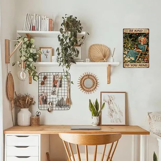 Garden Vintage Sign"Be Kind To Your Mind "Vintage Tin Sign Wall Art Girl and Flower Metal Decor For Women Home Office Living Room (20cm*30cm) (5)