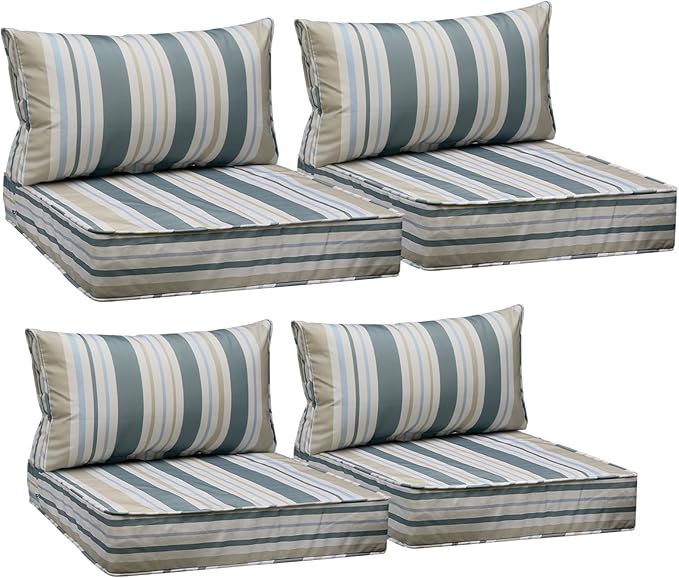 AAAAAcessories Outdoor Seat Cushions for Chairs, Fade-Resistant, Waterproof Patio Furniture Replacement Cushions, 25.5" x 25.5" x 5" + 25.5" x 13.5", Set of 4, Slate Gray Blue Coastal Stripe