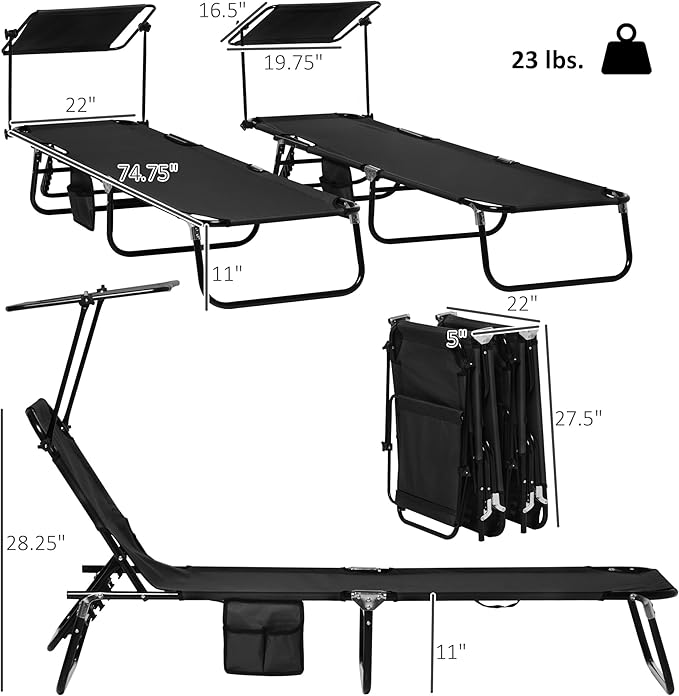 Outsunny Folding Chaise Lounge Pool Lounge Chairs Set of 2, Outdoor Sun Tanning Chairs with Canopy Shade, Reclining Back, Steel Frame and Side Pocket for Beach, Yard, Patio, Black
