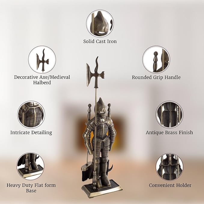 Lavish Home 3-Piece Fireplace Tool Set- Medieval Knight Cast Iron Statue Holds Heavy Duty Essential Tools - Includes Shovel, Broom & Poker