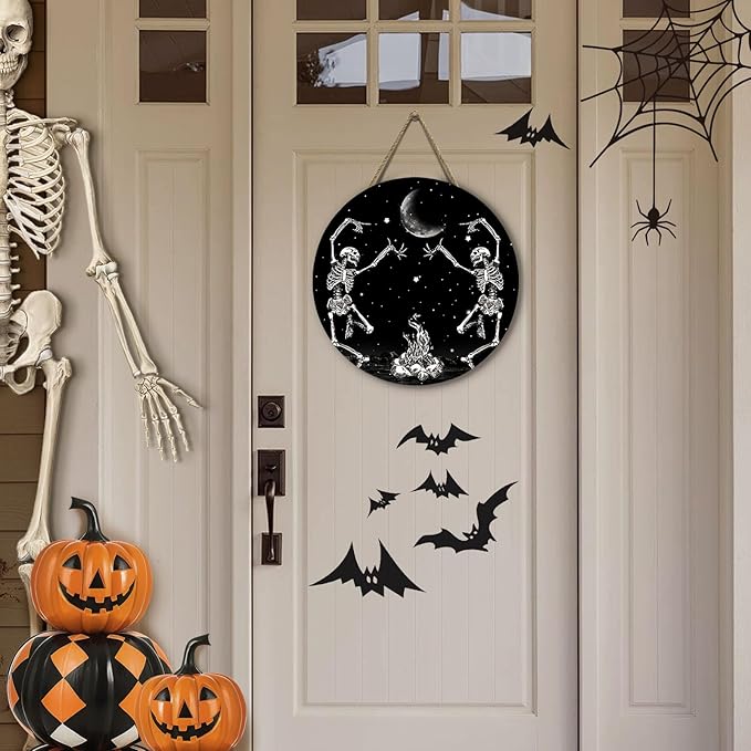 Skull Halloween Front Door Sign Dancing Skeleton Door Hanger Sacry Moon Night Holiday Decor for Porch Halloween Home Party Accessories
