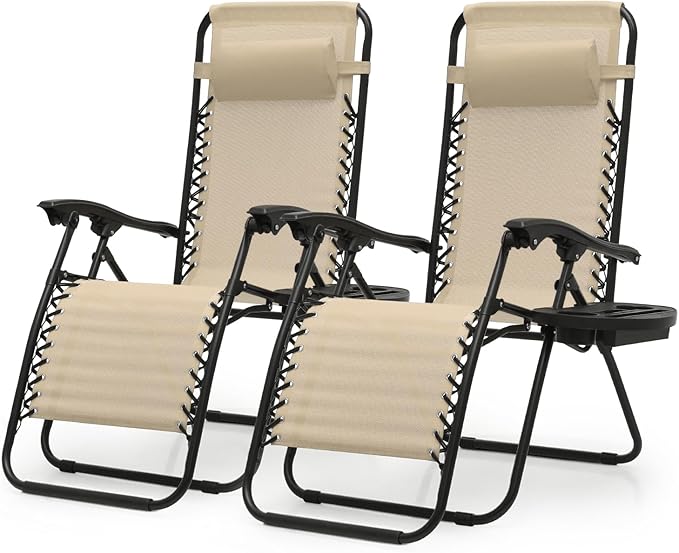 Zero Gravity Chairs, Portable Folding Reclining Lounge Chairs with Adjustable Pillow and Cup Holder Trays for Outdoor, Patio, Beach, Camping, Garden, Poolside, Set of 2 Beige