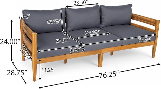 Christopher Knight Home Kavets 76.25'' W Outdoor 3 Seater Sofa with 5" Cushion, Acacia Wood Patio Sofa, Modern Slat Panel Bench, Spacious Seating Couch for Backyard Garden Porch, Light Teak+Dark Gray