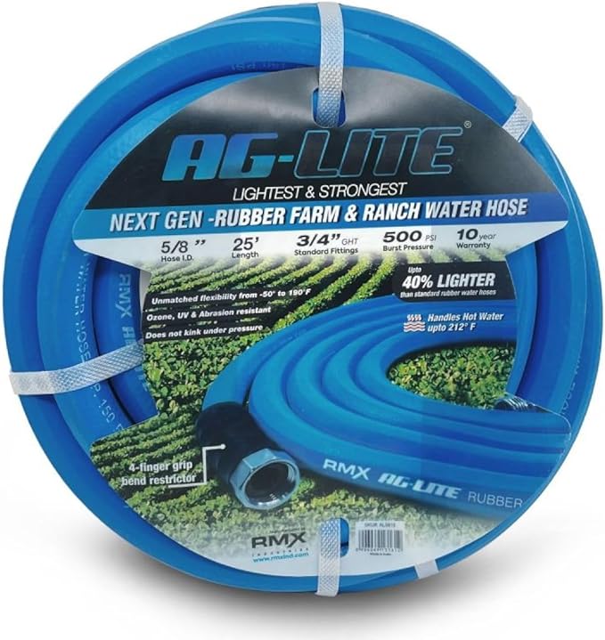 AG-LITE BSAL5825 5/8" x 25' Hot/Cold Water Rubber Garden Hose, 100% Rubber, Ultra-Light, Super Strong, 500 PSI, 50F to 190F Degrees, High Strength Polyester Braided
