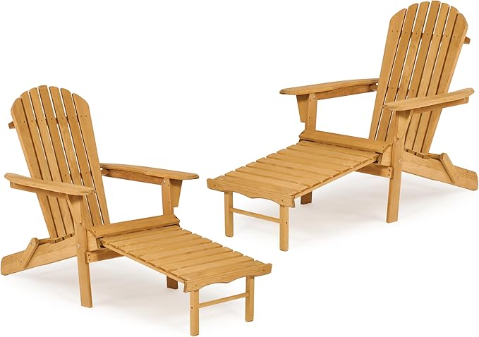 Set of 2 Outdoor Wooden Folding Adirondack Chair with Retractable Ottoman, Wood Patio Chair with Footrest for Garden Backyard Porch Pool Deck Firepit