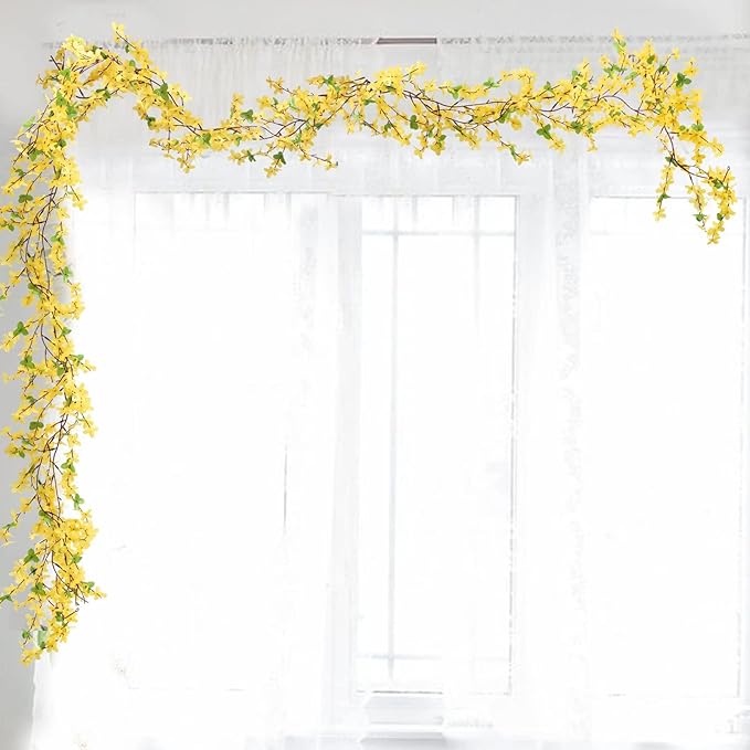 4pcs 23.6ft Forsythia Garland Artificial Flower Garlands Spring Garland for Mantle Fake Hanging Flower Vines Home Wall Home Party Wedding Indoor Outdoor Bedroom Wedding Decoration