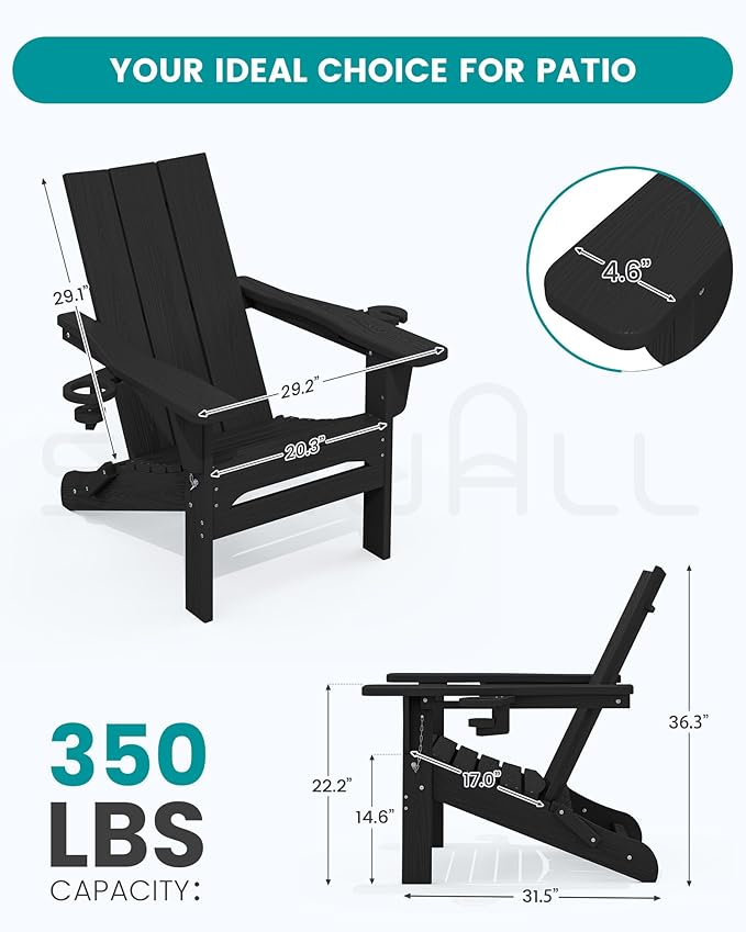 SERWALL Adirondack Chair Set of 6 with Dual Cup Holders, Folding Modern Adirondack Chairs, HDPE Outdoor Adirondack Chair for Patio, Black