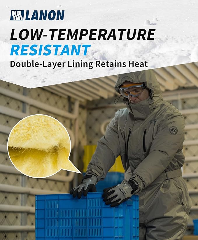 LANON Waterproof Winter Work Gloves, Double Latex Coated, Thermal Insulated Freezer Gloves for Cold Weather, Heavy Duty, Non-Slip Grip, Wrist Closure, Grey,XL