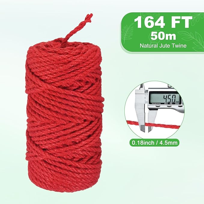 1-Pack Natural Jute Twine String, 4.5mm x 164ft/50m Long Garden Twine String for Crafts/Gift Wrapping/Gardening Plants, Durable Plant Ties Thick Rope [Red]