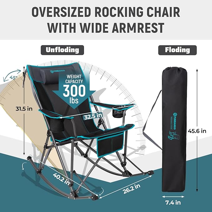 FUNDANGO Oversized Rocking Camping Chair for Adults, Portable Folding Lawn Chairs for Outside with Pillows, Wide Armrest, 2 Cup Holders, Carry Bag for Patio Garden Outdoor Supports 300Lbs (Black/Blue)