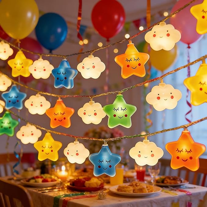 Colorful Clouds Stars Lights, 9.8FT 20 LED Lights with Battery Operated Children's Bedroom Tents, Birthday Decorations, Wedding New Year Christmas Party Decoration (Stars Clouds, 9.8FT)