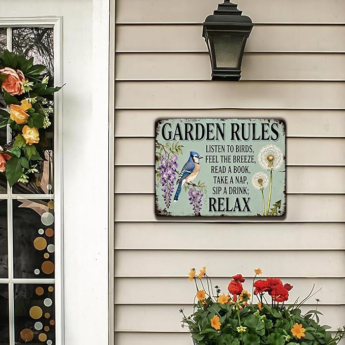 Garden Rules Tin Sign Vintage Metal Plaque for Patio Porch Yard She Shed Home Outdoor Wall Decor 16x12 Inch