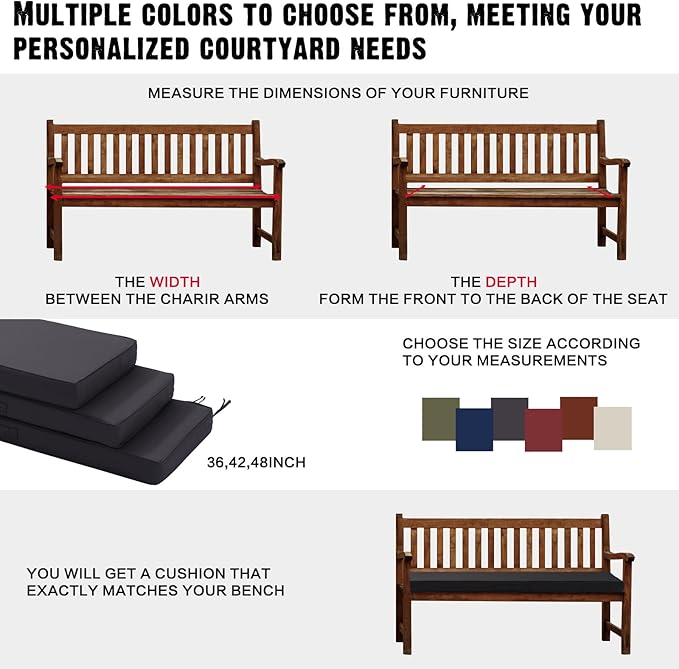 Outdoor Bench Cushion 4 inches Memory Foam Waterproof Patio Furniture Bench Cushion Porch Swing Cushion with Handle and Adjustable Strap, 48 x 18 Inch Dark Gray