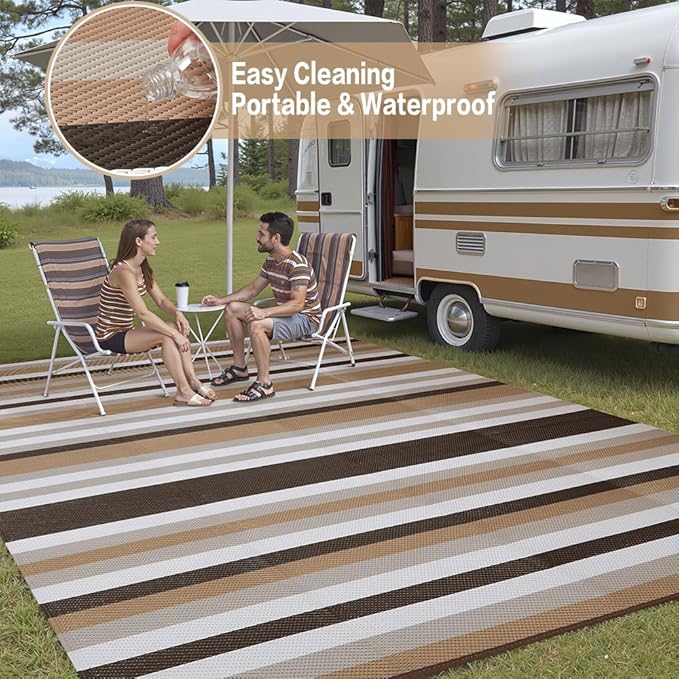HUGEAR Outdoor Waterproof Rug 6'x9' Plastic Straw Rugs Washable Reversible Floor Mat Brown Stripe Carpet for Camping RV Deck Entryance Porch Picnic Balcony Beach Backyard