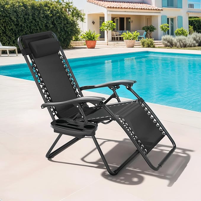 Magshion Zero Gravity Lounge Chair, Adjustable Folding Recliner with Cup Holder Side Tray & Removable Headrest Pillow, Portable Outdoor Patio Lounger for Camping, Beach, Lawn, Backyard, Black