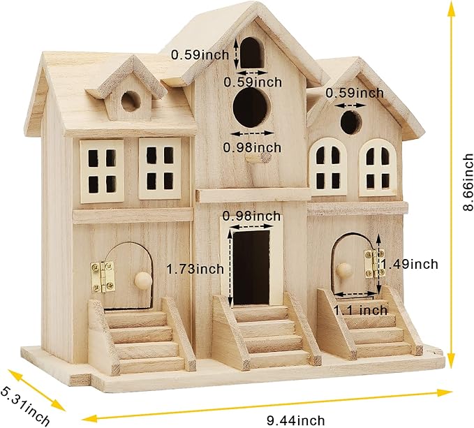 Lyfreen Paulownia Wood Bird House with Pole, Outdoor Hanging Birdhouse for Bluebirds, Wrens, Hummingbirds, Finches - Wooden Garden Bird House