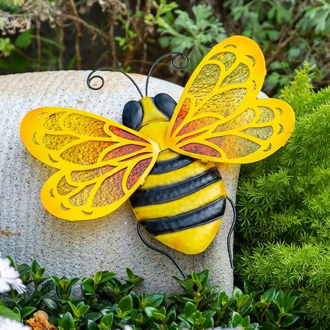LIFFY Metal Bees Outdoor Decor, 2Pack 10 Inch Glass Bee Wall Art Sculptures for Home, Garden, Fence, Patio