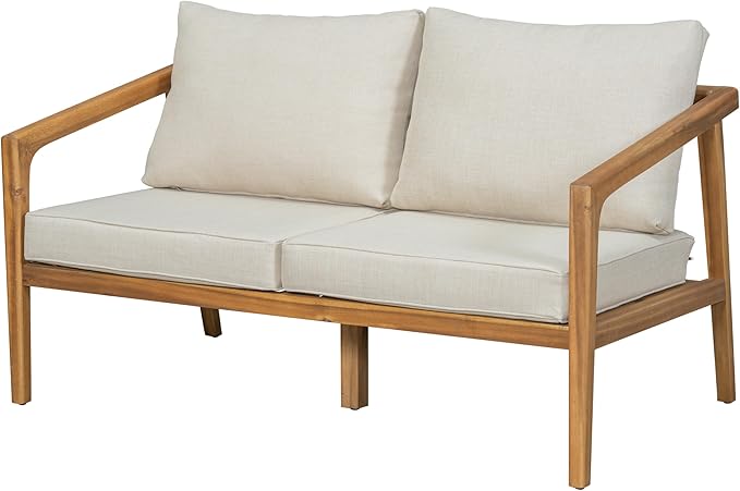 Christopher Knight Home Westin Acacia Wood Patio Loveseat Sofa with Cushion, Outdoor 2-Seater Sofa with Removable Cushions, Patio Furniture Sofa for 2, Teak+Beige