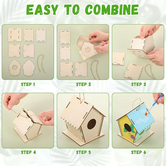 DoubleFill 48 Pack 4.33'' Wooden Bird House Craft Kit for Kids Spring DIY Birdhouse to Build and Paint Unfinished Hanging Birdhouse Bulk Spring Bird Feeder for Class Creative Valentines Crafts