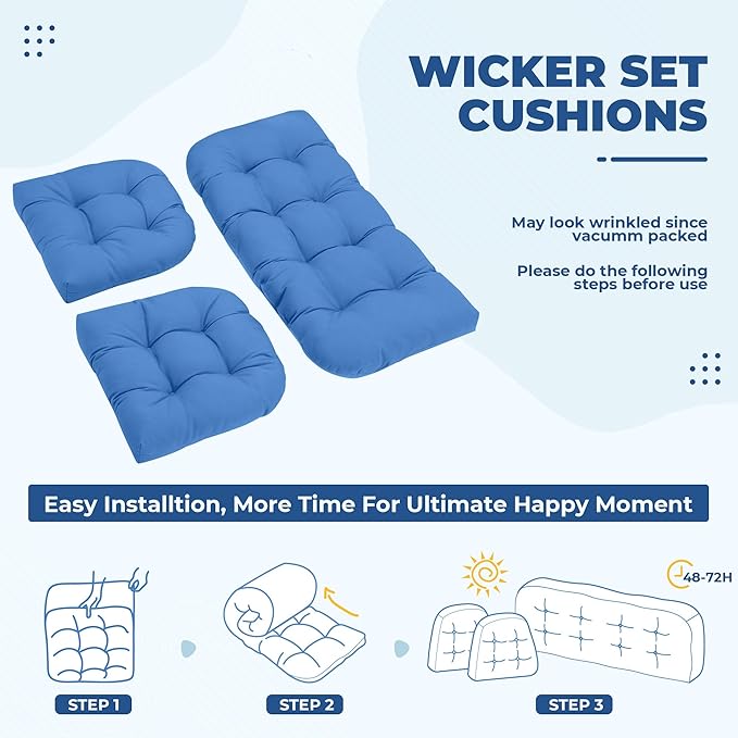 Wicker Chair Cushions, Waterproof Outdoor Loveseat Cushions for Patio Furniture, Tufted Wicker Furniture Cushions, 1 Loveseat and 2 U-Shaped Cushions, Royal Blue