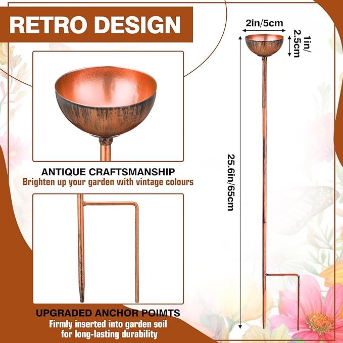 6 Pcs Bee Watering Station for Garden Bee Metal Watering Cups Butterfly Water Feeder Small Insects Bath Bowl Cups Metal Stakes for Outdoor Garden Decor, Copper
