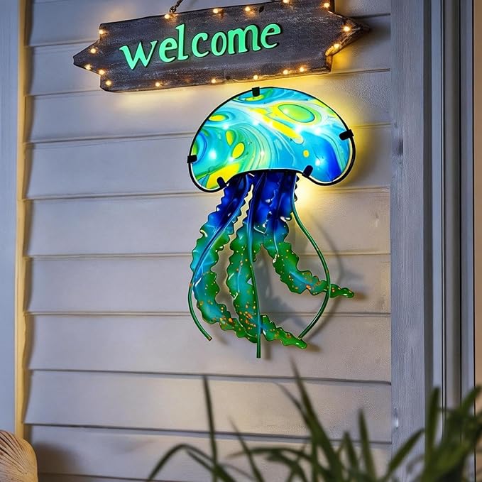 LIFFY Jellyfish Decor Ocean Nautical Beach Wall Decor Fish Wall Art Outdoor Indoor Hanging Jellyfish with LED Fairy Lights for Patio,Garden,Yard,Pool,Beach,Home Gift
