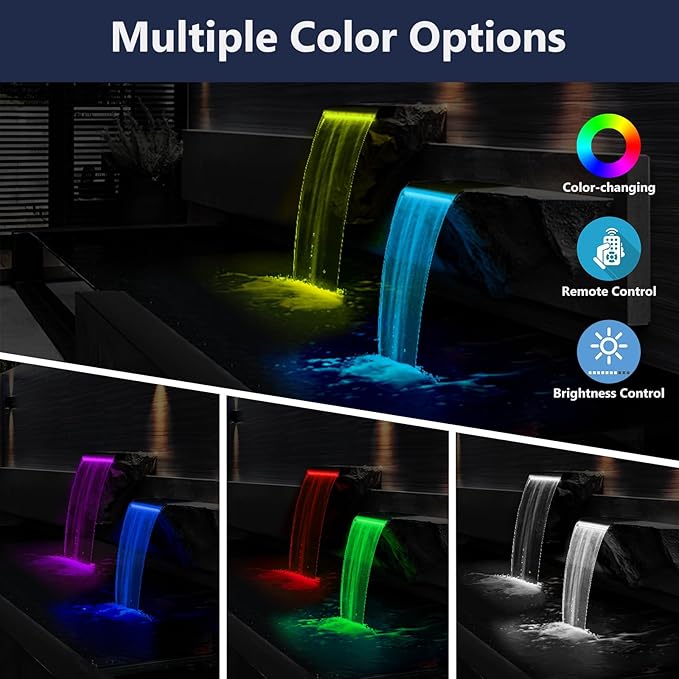 AquaMiracle Pond Waterfall Kit with LED Lights, All-in-1 Stainless Steel Spillway with 660GPH Water Pump, Outdoor Waterfall Fountain for Garden, Backyard & Pool Decor (12inch)