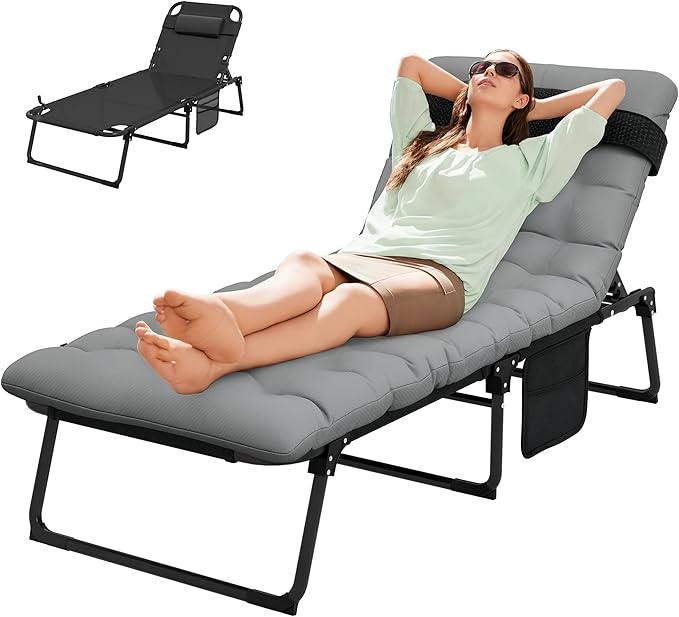 Outsunny Outdoor Chaise Lounge Chair with Removable Cushion and Headrest Pillow, Folding Sun Lounger with Magazine Pocket, 4-Position Backrest, Sun Bathing Chair for Patio, Beach, Gray