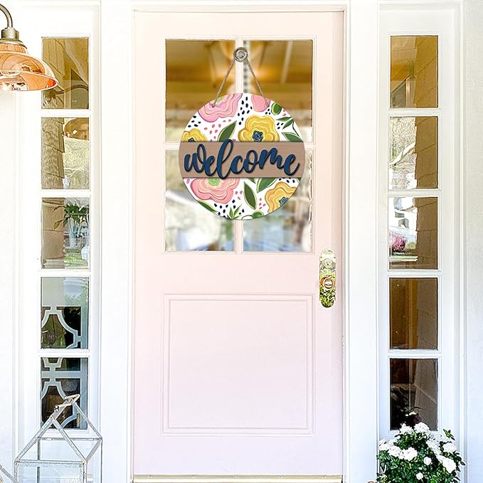 Welcome Spring Summer Flower Front Door Sign, Pink Yellow Floral Wood Door Hanger Outdoor Outside Porch Decor, Farmhouse Wooden Wreath Indoor Wall Hanging Decoration