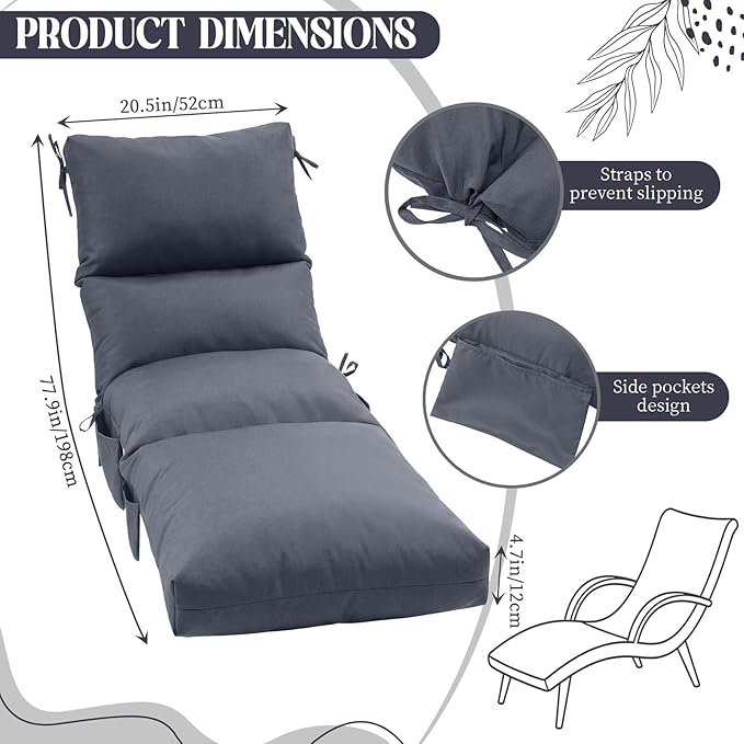 Kigley 2 Pcs Chaise Lounge Cushions, 77.9 x 20.5 x 4.7 Inch Outdoor Lounge Chair Cushions with Pocket, Thick Tufted Patio Recliner Replacement with Ties, Fade Resistant for Pool Furniture (Dark Gray)