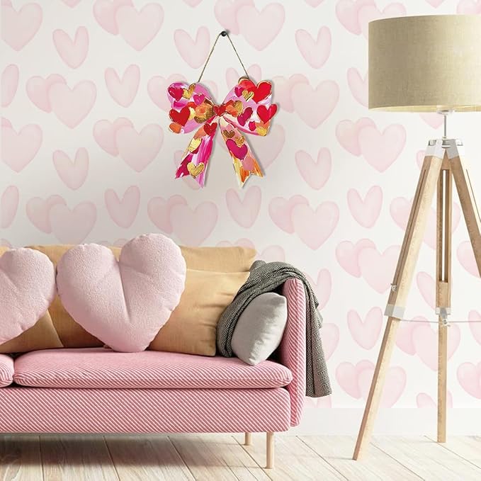 Valentines Day Wall Decor, Valentines Day Door Decorations, Gift for Boyfriend Girlfriend, Romantic Pink Heart Bow Brushstroke Wood Hanging Sign Anniversary Porch Home Office Door Decor