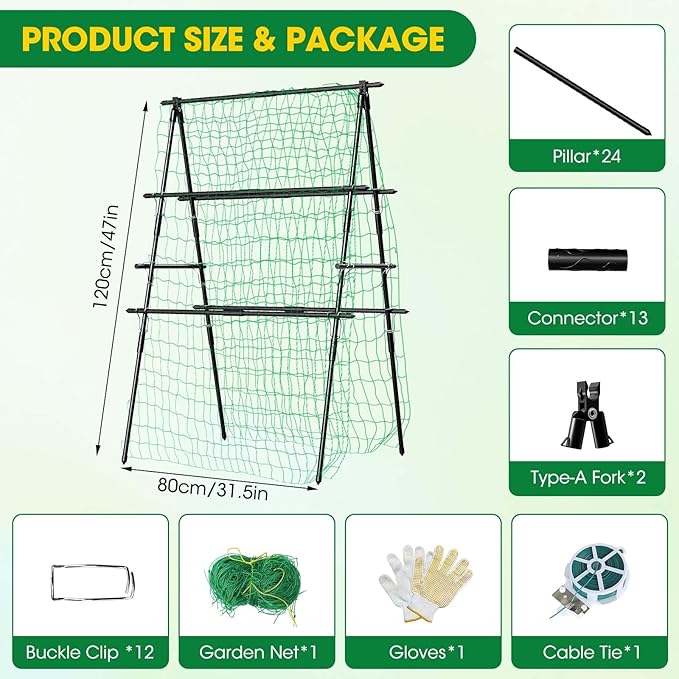 Trellis for Climbing Plants Outdoor, 31''X47'' A-Frame Cucumber Trellis for Raised Bed with Climbing Net, Garden Trellis for Climbing Plants for Cucumber,Tomato, Grapes and Flowers
