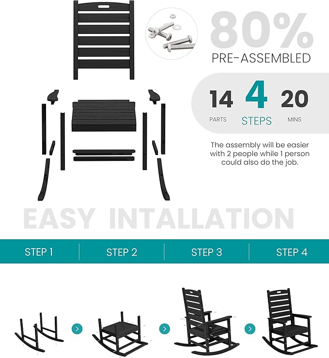 SERWALL Oversized Outdoor Rocking Chair, HDPE Patio Rocking Chair with Footboard for Adults, All Weather Porch Rocker for Deck Patio Balcony, Black