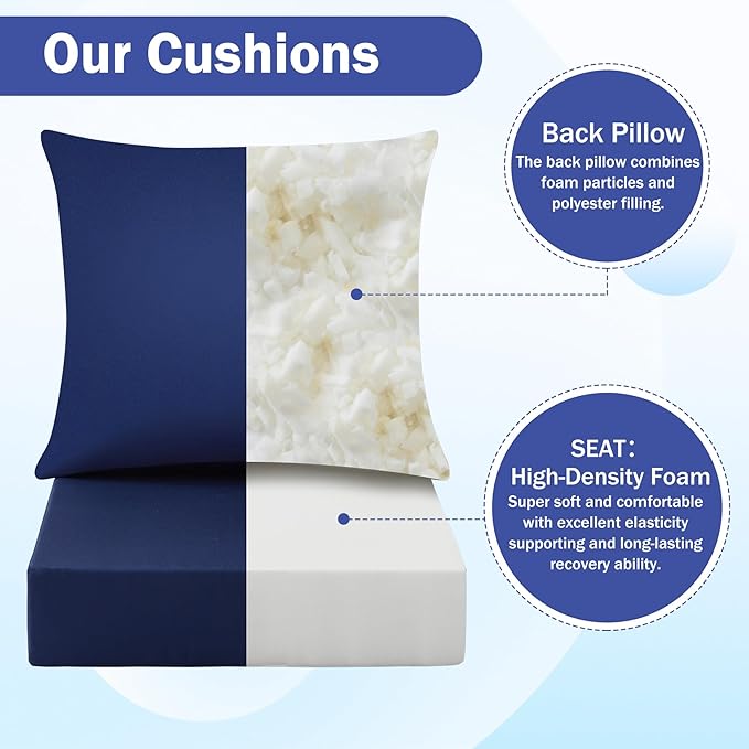 Outdoor Seat Cushion Set, Waterproof & Fade Resistant Patio Chair Cushions, Outdoors Cushion for Patio Furniture, 24 x 24 x 4 Inch, Outdoor Couch Cushions with Handle and Ties, Navy Blue