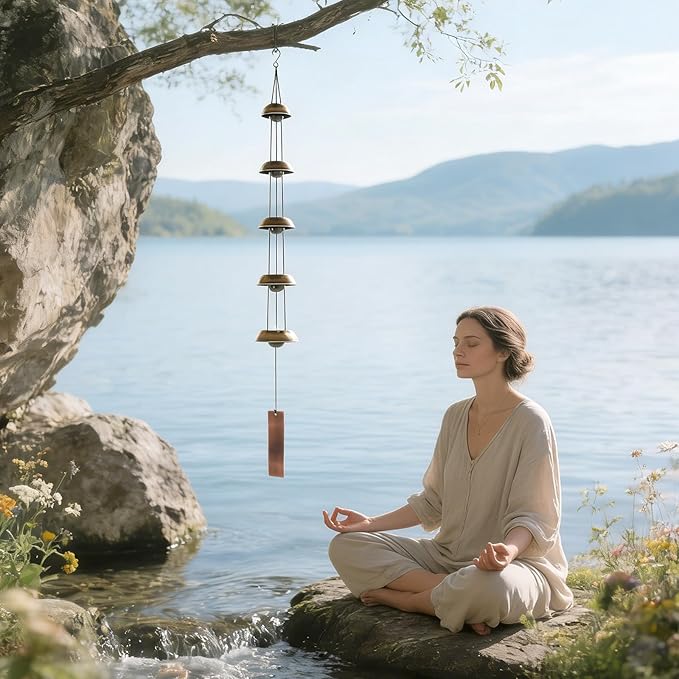 Wind Chimes for Outside Clearance, 36 Inch Temple Wind Chime, 5 Copper Bells with Deep Tones, Feng Shui Decor for Home Yard Garden Zen & Patio, Memorial Gift for Women, Mom, Grandma