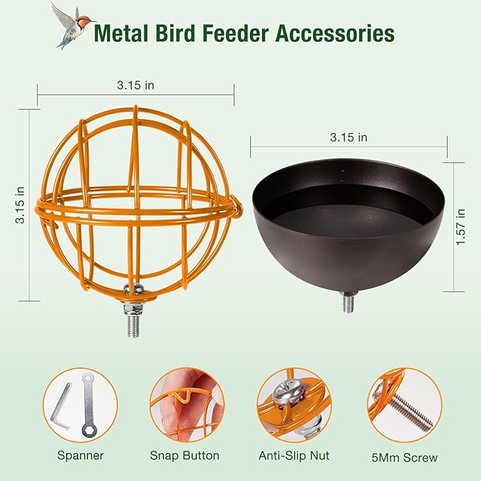Metal Suet Ball Holder + Water Bowl Set for Birds - Compatible with Most Outdoor Smart Feeders - Round Suet Ball Holder for Outdoors - Bird Feeder Replacement Parts with 5mm Screw (Orange)