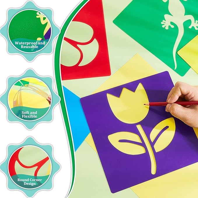 Epakh 24 Pieces Stencils for Kids 8 Inches Drawing Stencils Chalk Template Large Washable Geometric and Garden Themed Primary Shape Template for Kids Toddlers Preschooler(Garden Style)