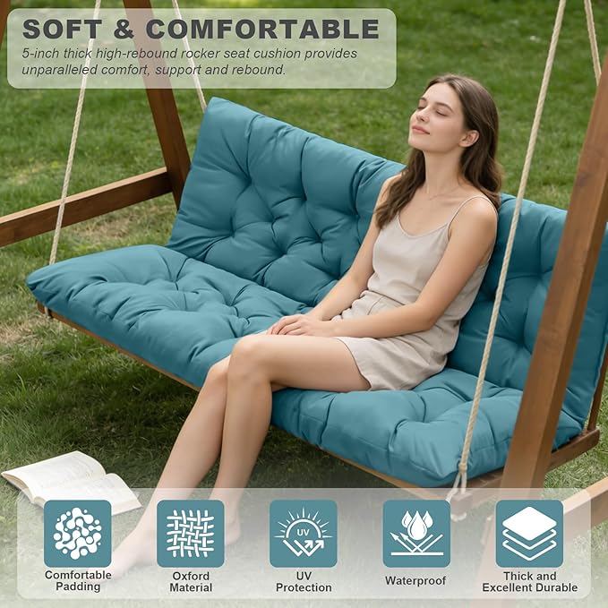Outdoor Swing Cushions,Waterproof Swing Cushions 3 Seater Replacement with Backrest,Outdoor Thickened Bench Cushion with Ties for Porch,Patio,Backyard,Garden (Lake Blue 60 * 40 in)