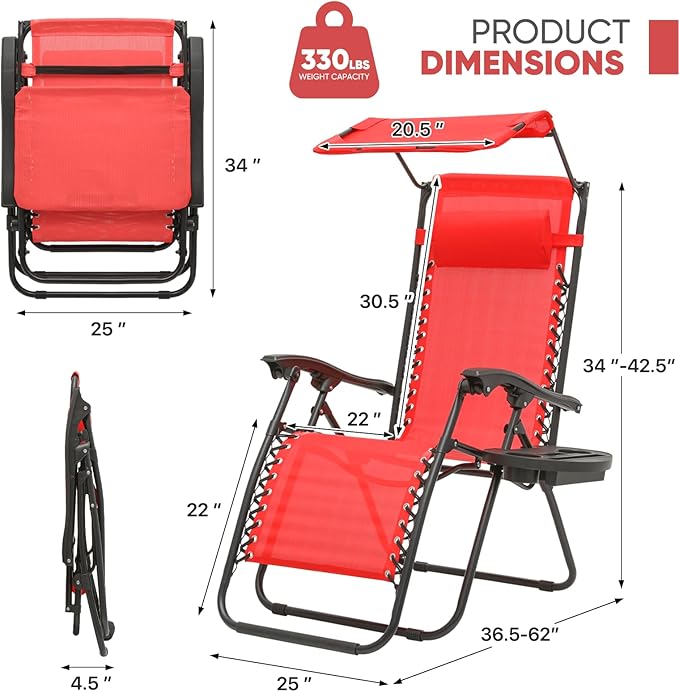 Magshion Zero Gravity Lounge Chair with Canopy, Outdoor Foldable Patio Reclining Chair with Side Tray, Adjustable Anti-Gravity Recliner with Pillow Headrest, Lounger for Lawn Camping Beach (Red)