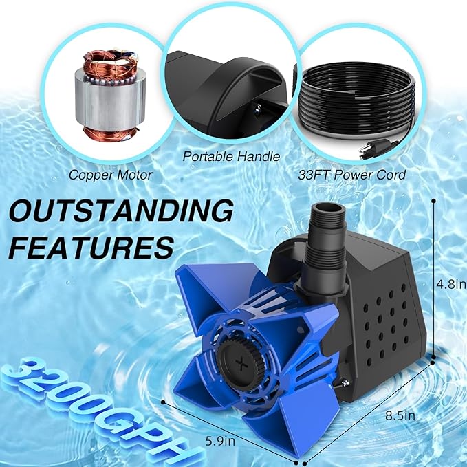 3200GPH Pond Pump, 200W Submersible Water Pump with 33FT Power Cord & Barrier Bag, 2 Hose Adapters, 20FT. Lift Height for Garden Ponds, Fountains, Waterfalls, Water Circulation (Blue)