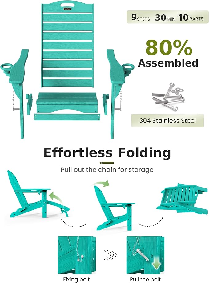 Ciokea Folding Adirondack Chair with Retractable Ottoman Fire Pit Patio Chair with Pull Out Foot Rest Weather Resistant Lawn Outdoor Lounge Chair with 2 Cup Holder (Lake Blue)