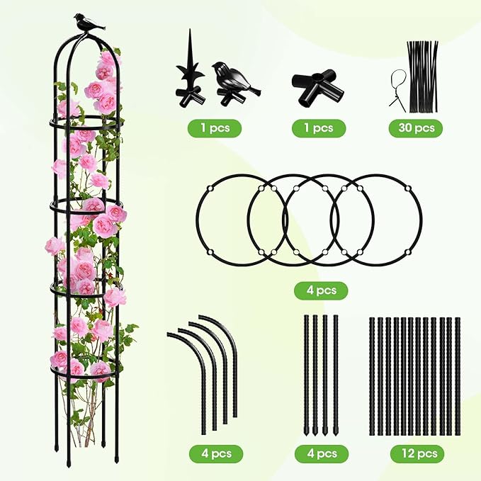 6.2ft Garden Obelisk Trellis for Climbing Plants Rustproof Metal Pipe with Heavy Duty Plastic Coated Garden Outdoor Indoor Potted Plant Support for Clematis Vine Jasmine Support (Black, 6.3 Ft(1 Pcs))