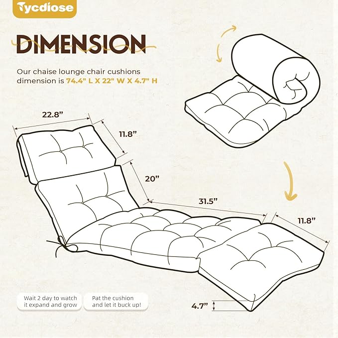 Waterproof Outdoor Chaise Lounge Chair Cushion 74.4 x 22 x 4.7 Inches Memory Foam Lounge Chair Cushions for Outdoor Furniture with Ties, Thickened Pool Chaise Lounge Chair Cushions, Yellow