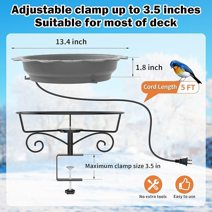 Heated Bird Bath for Deck Railing, Powerful 100W Thermostatically Controlled Heated Bird Baths for Outdoors for Winter, Heated Birdbath Water Heater for Outside Garden Yard Patio Lawn (Grey)